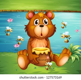 Illustration of a bear and bees near the river
