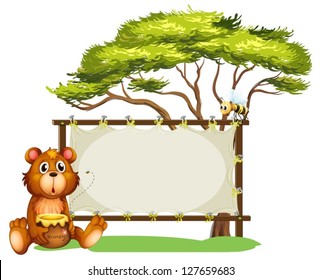 Illustration of a bear and bees on a white background