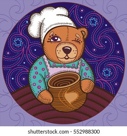 illustration of a bear chef in the turquoise shirt with pot on the background of the starry night sky