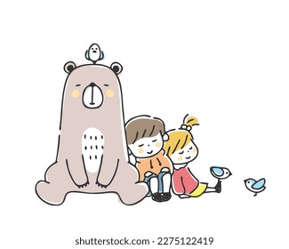 An illustration of a bear and a child sleeping together.