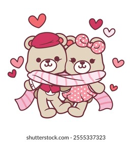 Illustration of A bear couple lover cartoon, both wearing the same pink scarf on Valentine's day theme. ideas for icons, labels, or digital decoration.