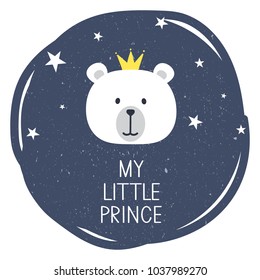 Ilustración con el oso, corona y texto en inglés, carta coloreada a mano. Mi principito, diseño de afiches con estrellas. Vector de fondo divertido y decorativo. Fondo azul, blanco y amarillo