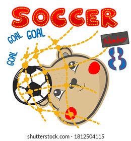 Illustration bear Cute  Play football to score a goal  vector.isolated White background.