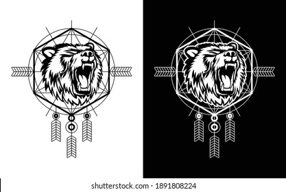 illustration of bear with detailed shadow lines with sacred geometry vector on the background