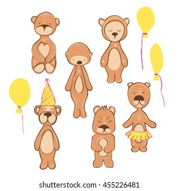 illustration of bear in different pose. birthday style. isolated on white 