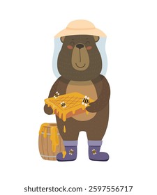 Illustration of a bear dressed as a beekeeper holding a dripping honeycomb, surrounded by bees, honey, and a barrel on a white background.