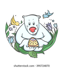 Illustration of a bear with Easter egg. Spring flowers and birds. The Feast Of The Passover.
