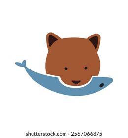 Illustration bear eat fresh fish unique design with blank background