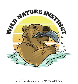 Illustration of bear eating fish on river  suitable for shirt design