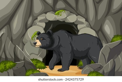 Ilustración de un oso saliendo de una guarida rocosa