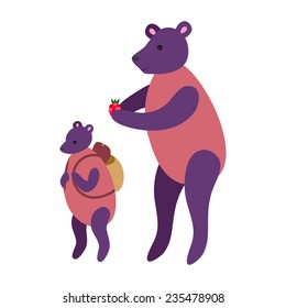 Illustration of bear family - mother is putting a raspberry to child's school bag