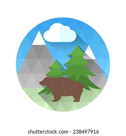 Illustration of a bear and firs. 