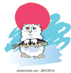 illustration of bear and fish on white background