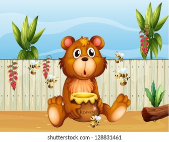 Ilustración de un oso con cinco abejas