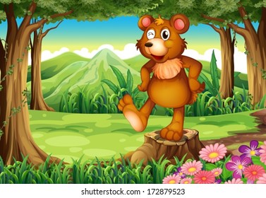 Illustration of a bear at the forest standing above the stump