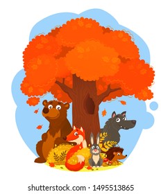 Illustration of bear, fox, wolf, hedgehog, here next to oak tree in the bushes and wild herbs. Piccture of a wild animal in its own habitat. Children illustration of autumn oak tree and wood animals. 