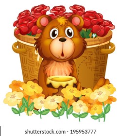 Ilustración de un oso frente a la canasta con rosas rojas sobre un fondo blanco