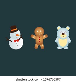 Illustration of bear, gingerbread and snowman