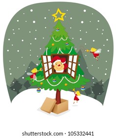 illustration of bear and girls celebrating christmas festival