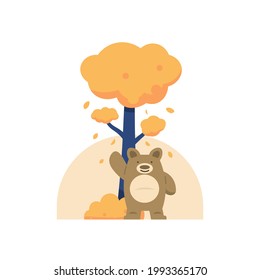 illustration of a bear greeting by waving under a tree. fallen leaves. hello autumn. funny, cute, and adorable animal illustrations. flat cartoon style. vector design