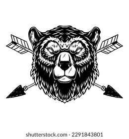 Illustration of the bear head with crossed arrows. Design element for logo, label, sign, emblem. Vector illustration