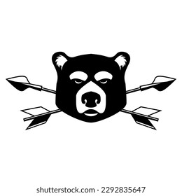 Illustration of the bear head with crossed arrows. Design element for logo, label, sign, emblem. Vector illustration