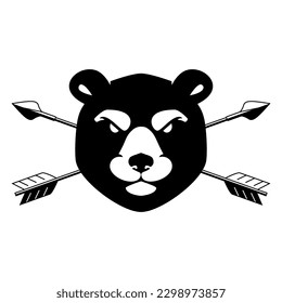 Ilustración de la cabeza del oso con flechas cruzadas. Elemento de diseño para logotipo, etiqueta, signo, emblema. Ilustración del vector