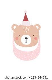 Illustration with the bear head in a Scandinavian style. Bear head with the fake beard. Vector illustration.
