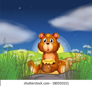 Illustration of a bear at the hilltop holding a pot of honey