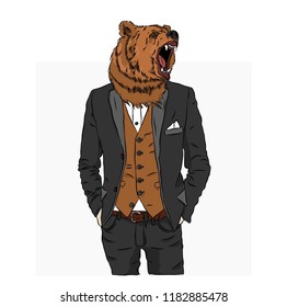 Illustration of bear hipster dressed up in jacket, pants and sweater. Can be used for printing on T-shirts, flyers, etc. Vector illustration
