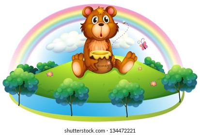 Illustration of a bear holding a pot of honey at the hill on a white background
