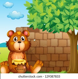 Illustration of a bear with honey near a pile of bricks