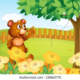 Illustration of a bear inside the fence pointing a bee