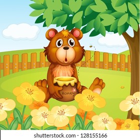 Illustration of a bear inside the wooden fence