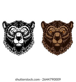 Illustration of bear in monochrome and color styles. Design element for t shirt, emblem, badge. Vector illustration