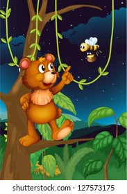 Illustration of a bear on a tree and a flying bee