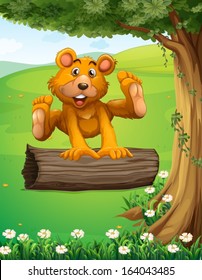 Illustration of a bear playing with the trunk under the tree