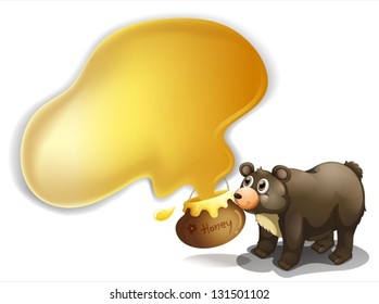Illustration of a bear and a pot of honey on a white background