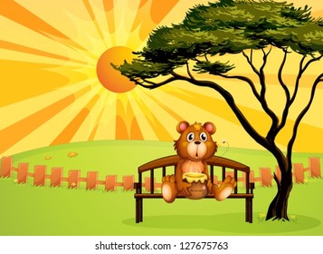 Illustration of a bear with a pot of honey sitting at the bench