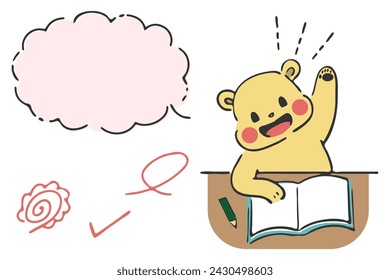 Illustration of a bear raising his hand and asking a question while studying and a speech bubble.
