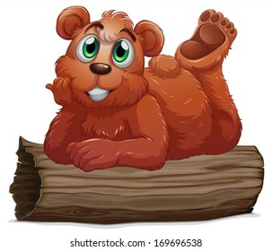 Illustration of a bear resting above the log on a white background