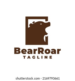 Illustration Of Bear Roaring Inside A Rectangle. Vintage Bear Logo Template.