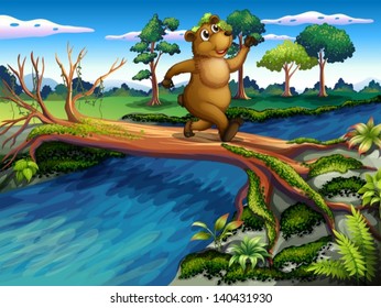 Ilustración de un oso que corre mientras cruza el río