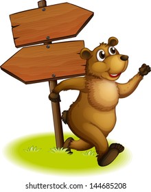 Illustration of a bear running with a wooden arrow board at the back on a white background