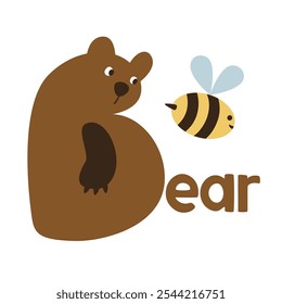 Illustration of a bear in the shape of the letter B and a bee