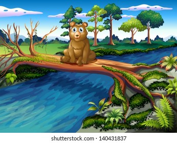 Illustration of a bear sitting at the center of the wooden bridge