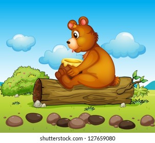 Illustration of a bear sitting down on the trunk of a tree