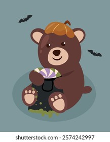 Illustration with Bear is Sitting and Holding Candy Bag,Bat	