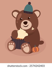 Illustration with Bear is Sitting and Holding a Cupcake Pumpkin