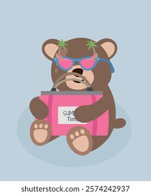 Illustration with Bear is Sitting and Holding Summer Time Bag Pattern	